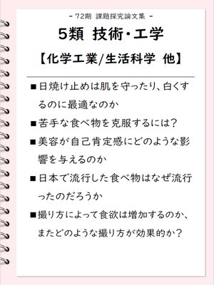 cover image of 課題探究論文集（72期） ５類 技術・工学【化学工業/生活科学 他】